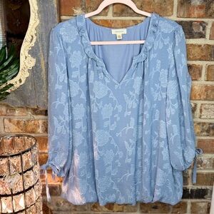 Tamara H. Periwinkle Blue Floral Embossed Tunic 3/4 Tie Sleeves 2X Plus Size